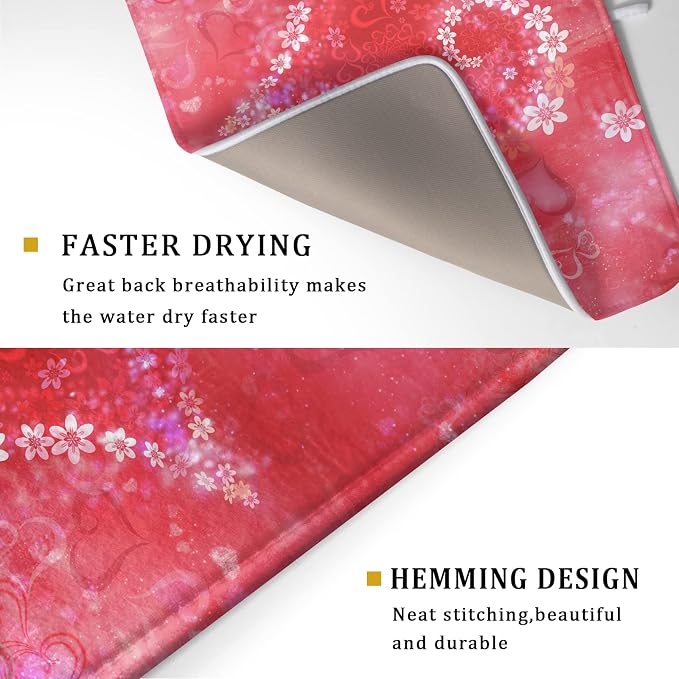 Valentines Day Dish Drying Mat for Kitchen Counter Red Heart Flower Decor - Image 3