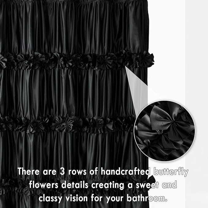Black Ruffle Shower Curtain, Vintage Handcrafted Bow Tie Bath Curtain - Image 2