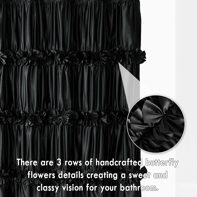 Black Ruffle Shower Curtain, Vintage Handcrafted Bow Tie Bath Curtain - Image 2