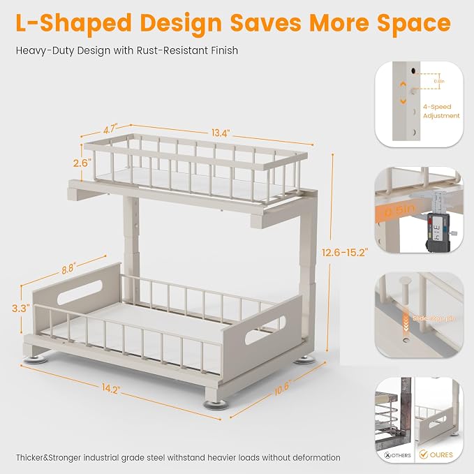 2 Pack Under Sink Organizer, 2-Tier Heavy Duty Metal Pull Out Cabinet Organizer - Image 6