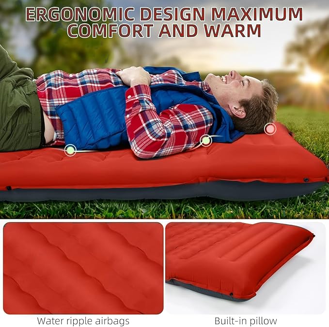 Camping Sleeping Pad, Extra Thick 5 Inch Camping Mat with Pillow, Built-in Foot Pump Inflatable Sleeping Pads Compact for Camping Backpacking Hiking Traveling Tent as Camping Essentials（O-B）