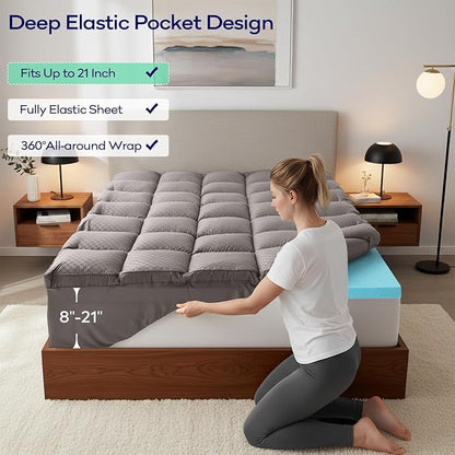 OLANLY Dual-Layer 4 Inch King Size Memory Foam Mattress Topper for Back Pain, 2 Inch Cooling Pillow Top Mattress Pad Cover and 2 Inch Gel Memory Foam Topper, Deep Elastic Pocket, Light Grey