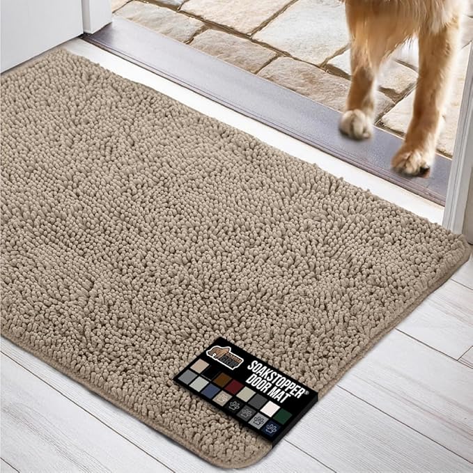 GORILLA GRIP SOAKSTOPPER Dog Door Mat, 35x24 Machine Washable Rug Absorbent Doormat Captures Moisture Mud Dirt, Quick Dry Soft Chenille Entryway Rugs Indoor Entrance Mats for Dog Paws, Beige