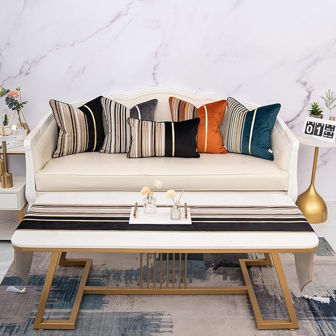 Yangest Black Striped Patchwork Throw Pillow Cover Gold Leather Cushion Cover Zippered Pillowcase for Sofa Couch Bedroom Living Room Home Decoration,20x20 Inch