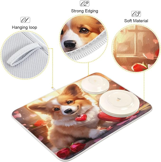 Dish Drying Mat Kitchen Counter Absorbent Valentine Corgi Coffee Sink Mat Dish - Image 4