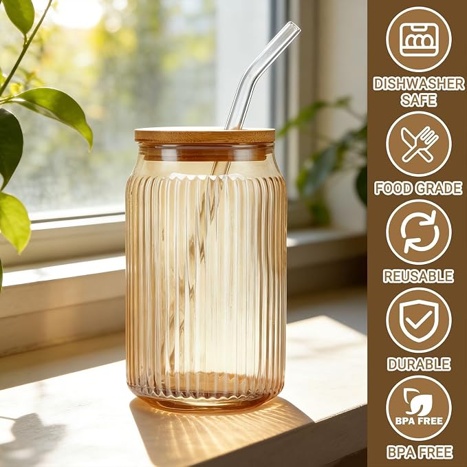 2 PCS Glass cups with Lids and Straws, 16 OZ Iced Coffee Cups, Ribbed Glass - Image 5