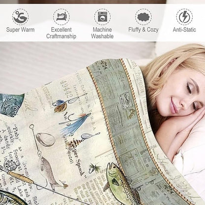 Fishing Blanket Fishing Gifts for Men Fish Throw Blanket Fishing Blanket for Kids Adults Soft Warm Cozy Fleece Blanket for Couch Sofa Bed 50"x60"