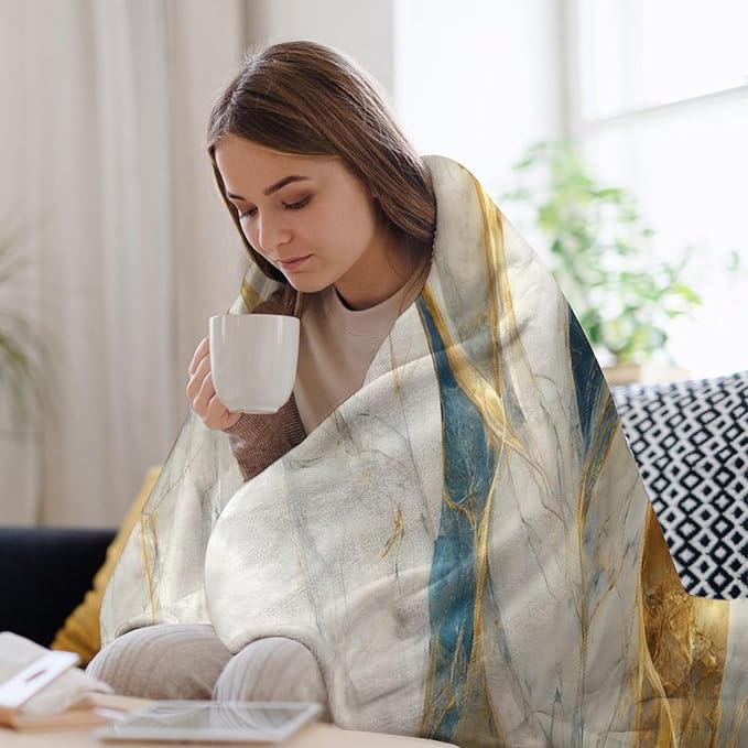 Abstract Marble Blanket, Modern Luxury Baroque Golden Blue White Stone Veins Pattern Soft Warm Cozy Plush Flannel Covers for Livingroom Bedroom Couch Chair Camping Travel Home Decor Tapestry 40x50in