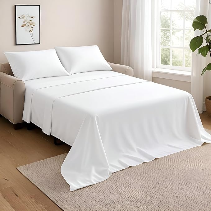 NON Sticky cotton Twin Size Sleeper Sofa Sheets, 4 Piece Egyptian Cotton Bed Sheet Set for Sofa Bed, 8" Deep Pocket for Pull Out Couch Mattress, 39" x 75", White Solid, Soft & Breathable