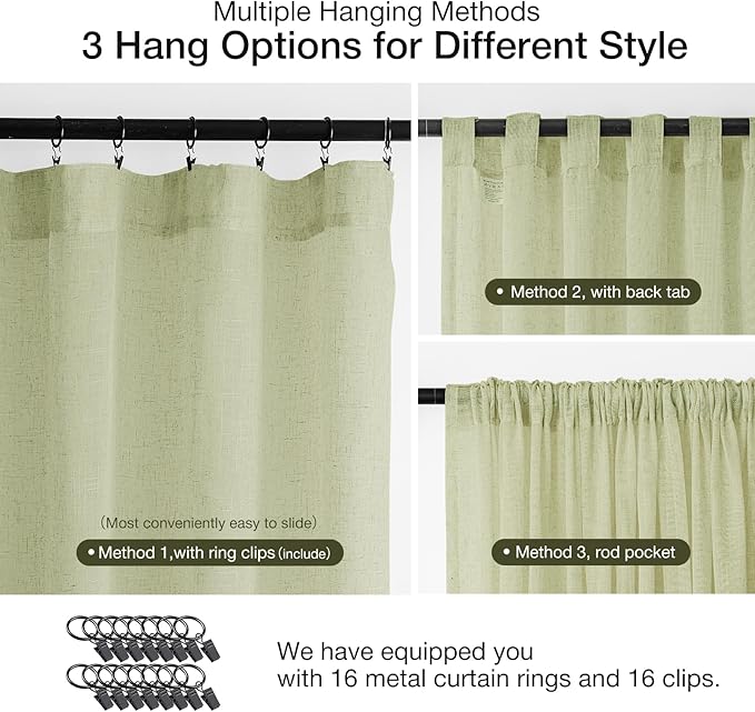 Anmao Natural Linen Curtains for Living Room 80 Inch Length 2 Panels Set, Light Filtering Semi Sheer Window Curtain Drapes for Bedroom with Curtain Rings and Clips, 52Wx120L, Sage Green