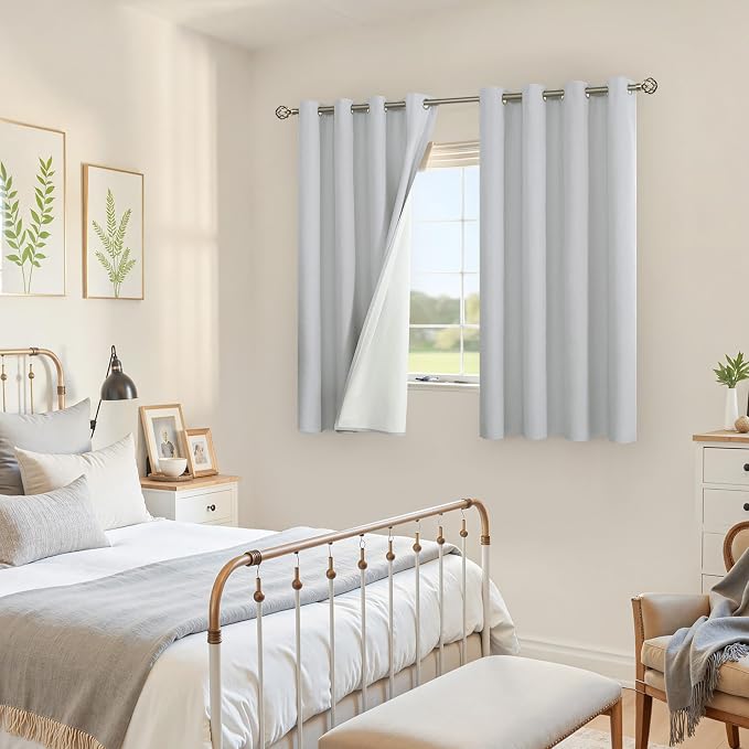 YoungsTex Light Grey Linen Blackout Curtains 45 Inch Length - Image 2