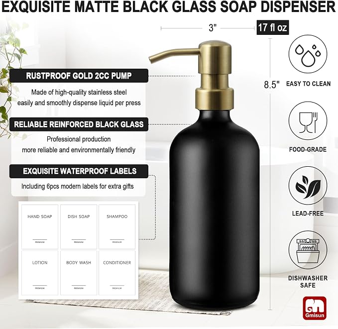 GMISUN Gold Soap Dispenser, 2 Pack Matte Black Glass Bathroom Hand Soap - Image 3