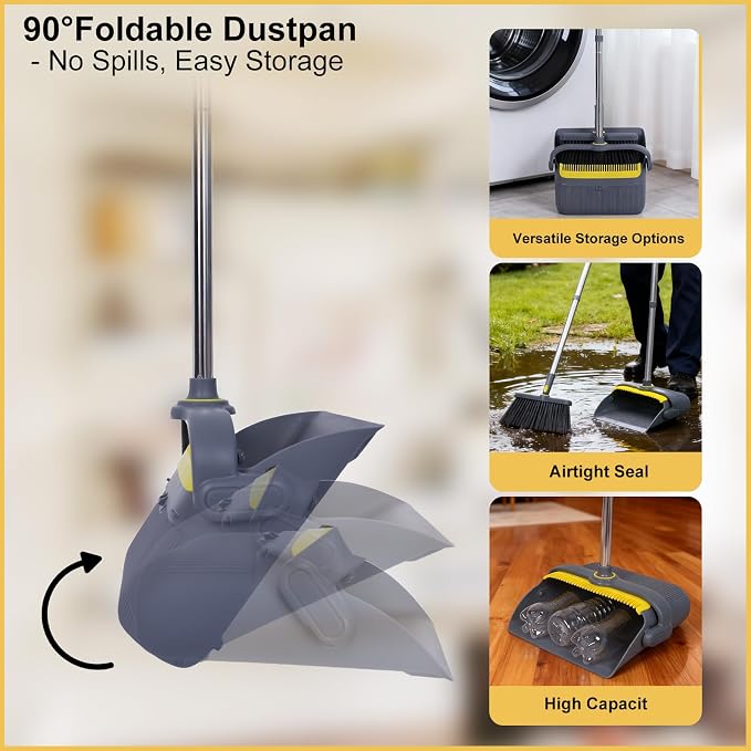 Heavy Duty Broom and Standing Dustpan Combo Set, Rotatable Head Dust Pan and - Image 6