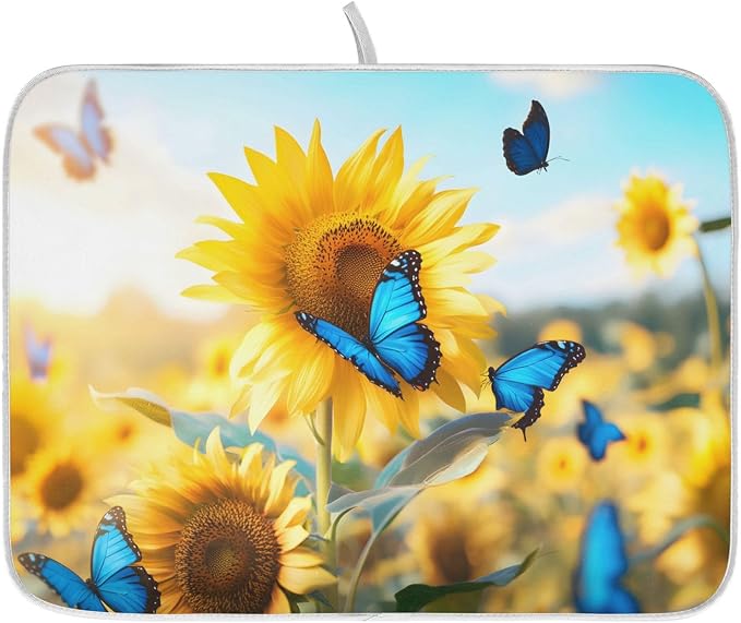 Blooming Sunflowers Blue Butterfly03 Dish Drying Mat by ALAZA