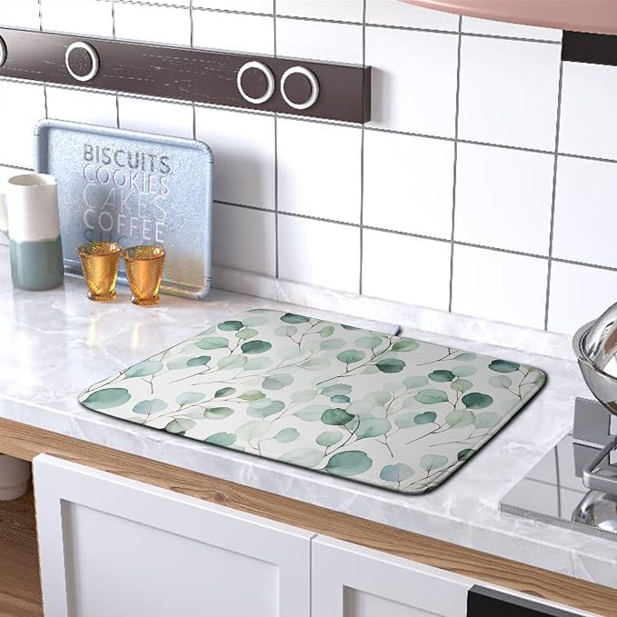 Green Leaves Dish Drying Mat Eucalyptus Leaf Branch Plant Drying Mats Absorbent - Image 5