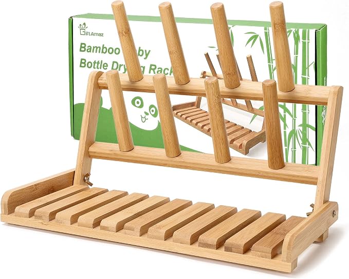 Bamboo Baby Bottle Drying Rack, Space Saving Countertop Bottle Holder Portable by GiftAmaz