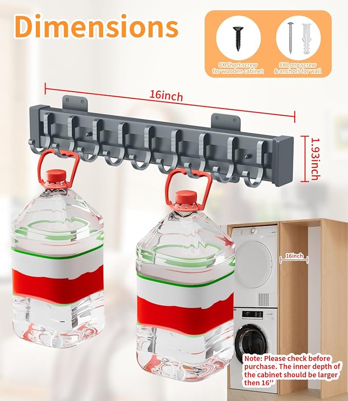 Pull Out Broom Holder With 9 Adjustable Sliding Hook, - Image 5