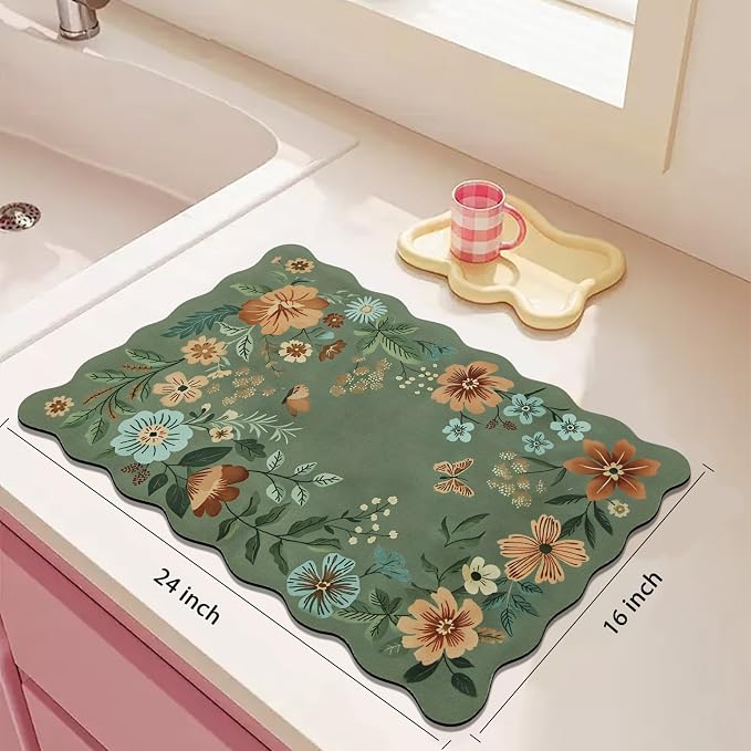 Scalloped Bohemian Boho Floral Flower Coffee Bar Mat Dish Drying Mats - Image 2