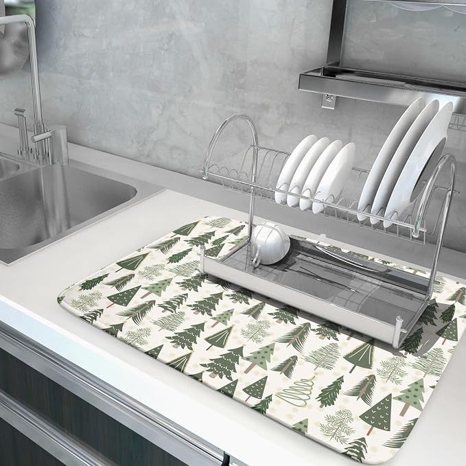 Christmas Dish Drying Mat for Kitchen Counter 18x24 Green Xmas Tree Block Print - Image 5