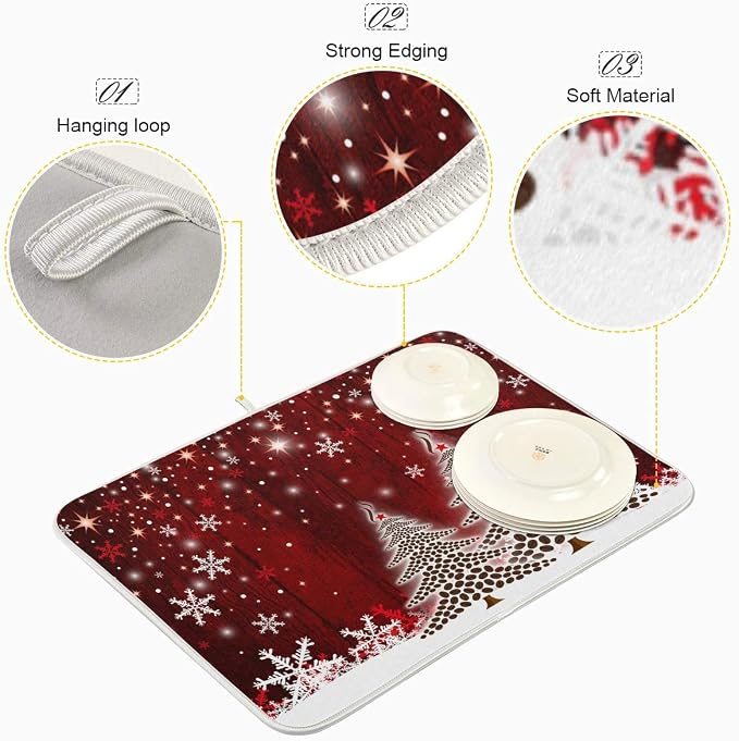 Christmas Tree Dish Drying Mat 16x18 inch Xmas New Year Snowflake Wooden Dish - Image 4