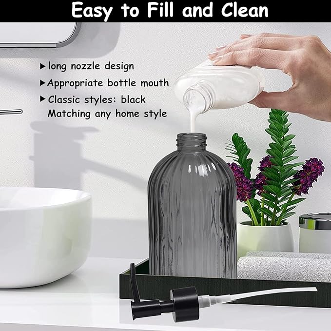 Grey Glass Soap Dispenser with Black Plastic Pump, 13.5oz Refillable Liquid - Image 3