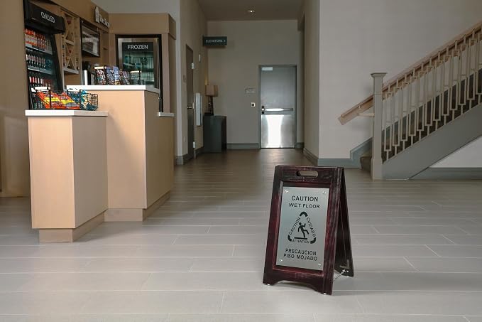 Premium Wooden Caution Wet Floor Sign – Bilingual w/Non-Skid Plastic Feet - Image 2