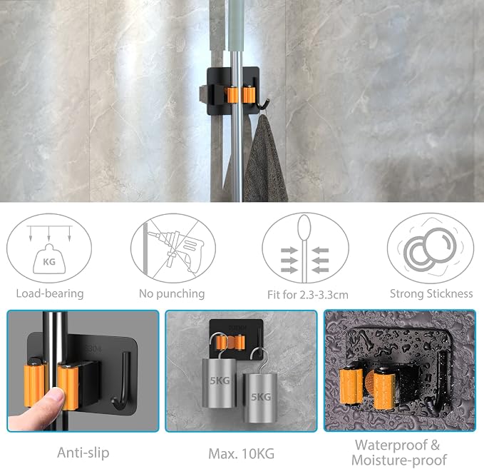Mop Broom Holder No Drill, Mop Broom Organizer Wall Mounted Heavy Duty - Image 4