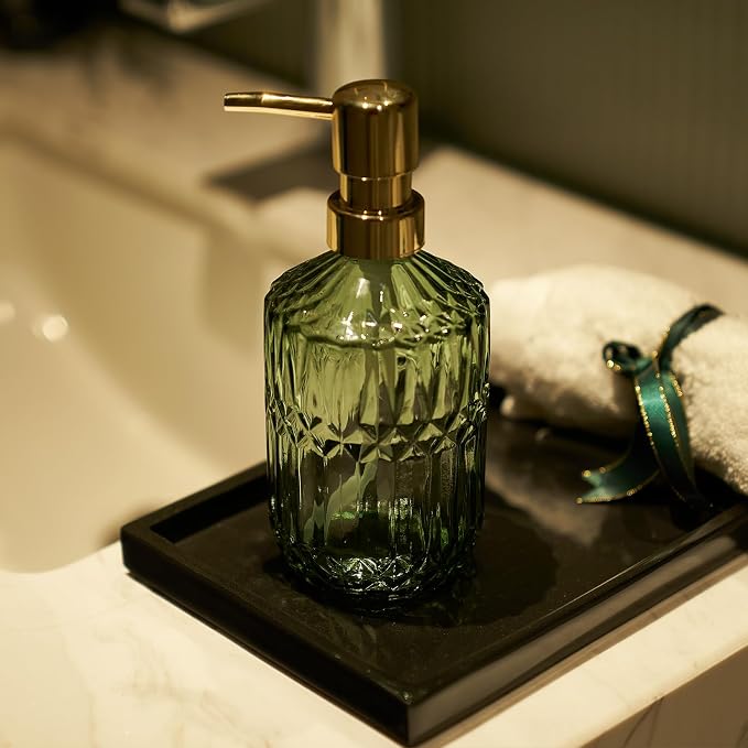 Glass Soap Dispenser Green Bottle Gold Plastic Pump Refillable Kitchen Sink - Image 6