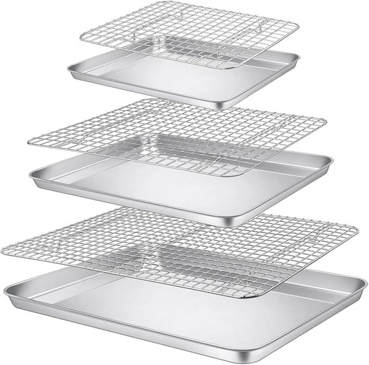 P&P CHEF 16 + 12.5 + 9 Inch Baking Sheet and Rack Set, Stainless Steel Cookie by PPCHEF
