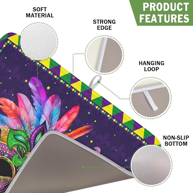 Mardi Gras Dish Drying Mat for Kitchen Counter Masquerade Mask Feather Dishes - Image 3