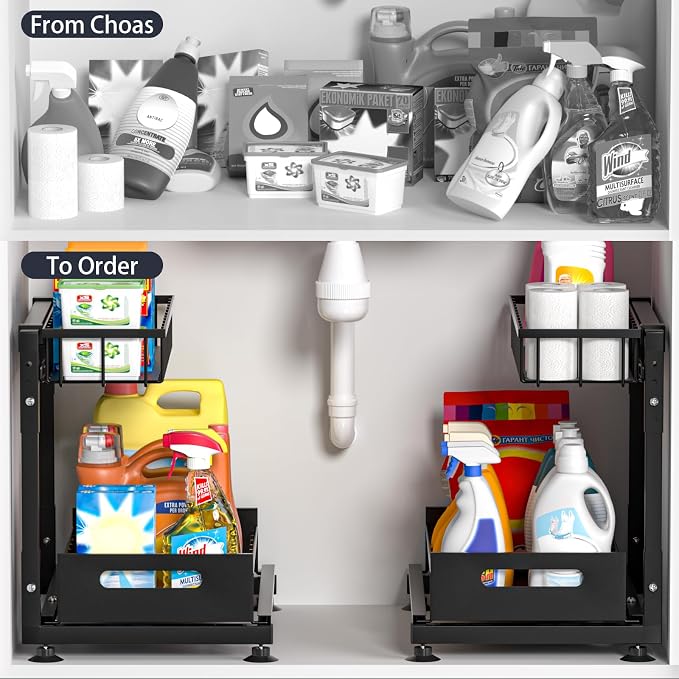 L-Shaped Under Sink Organizer, 2-Tier Pull Out Metal Kitchen Cabinet Organizer - Image 2