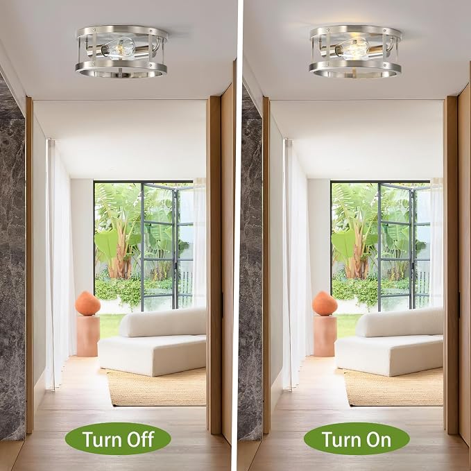 2-Light Industrial Flush Mount Ceiling Light Fixture, Brushed Nickel Farmhouse - Image 5