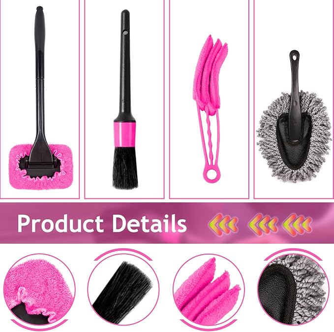 THINKWORK Pink Car Duster Interior Kit, Perfect Car Detailing Brush Kit - Image 8