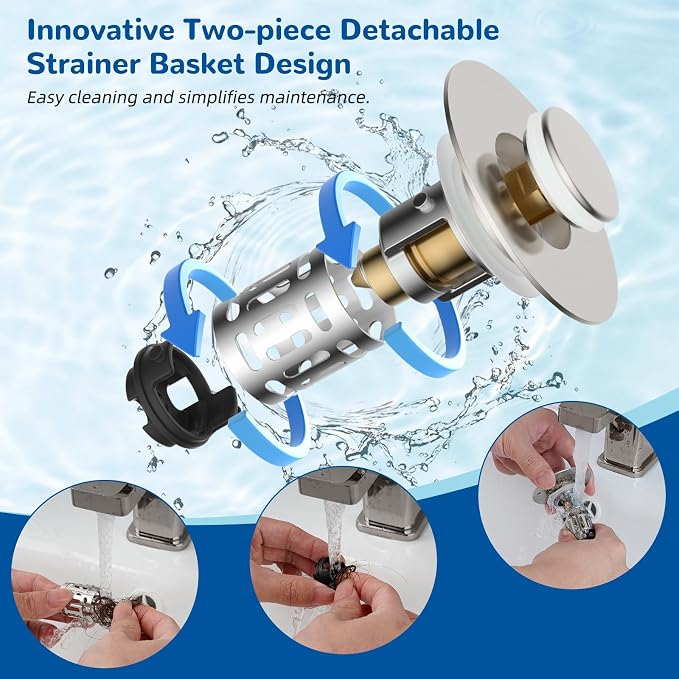Hibbent 3 Pack 3 in 1 Bathroom Sink Drain Strainer, Universal Pop Up Stopper - Image 2