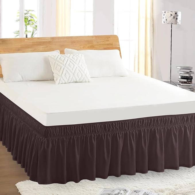 Twin Bed Skirt, Elastic Wrap Around Bed Skirt Twin Size, Bed Skirts for Adjustable Bed, Easy Fit with 14" Drop Length Tailored Drop Dust Ruffle (Brwon)