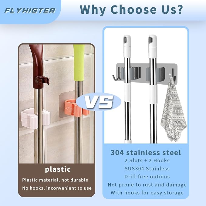 Broom and Mop Holder Wall Mounted, Heavy-Duty Stainless Steel Storage Rack - Image 2