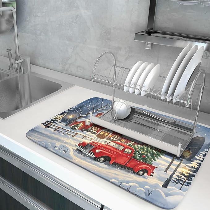 Christmas Dish Drying Mat for Kitchen Counter 18x24 Red Truck Winter Xmas Snow - Image 5