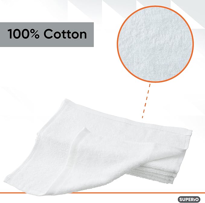 Superio White Washcloths 12 Pack Terry Cloth Rags 100% Cotton 12" Cleaning - Image 3