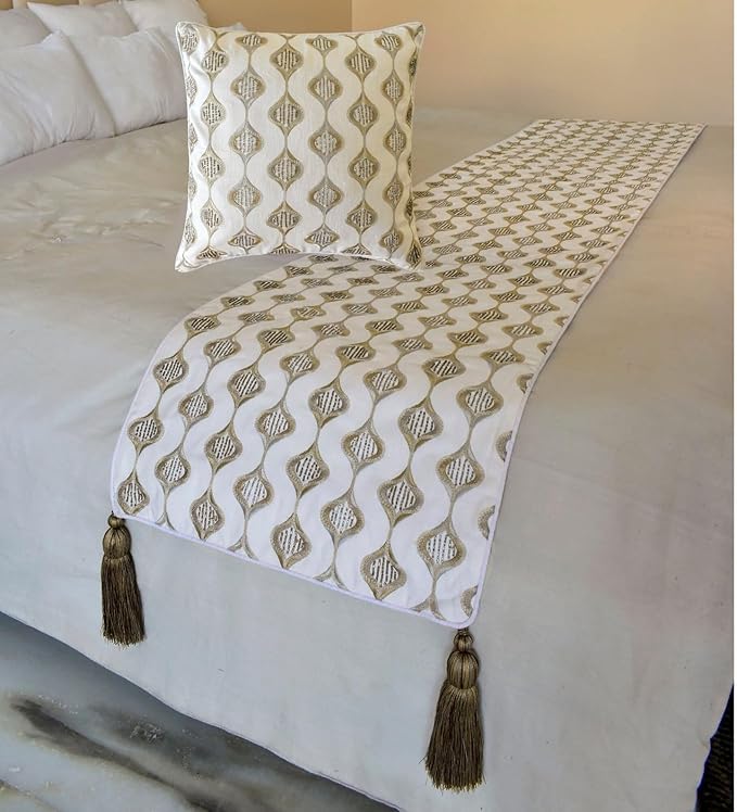 The HomeCentric King/Queen/Twin Beige Decorative Bed Runner Full 68"x18" Bed Runner with One Pillow Cover, Embroidery, Geometric, Beaded Hand Embroidery Bed Scarf on Linen Fabric - Mahsa