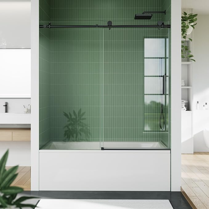 Bathtub Shower Door, Matte Black 304 Stainless Steel Top Rail, One Fixed One by IDEALHOUSE