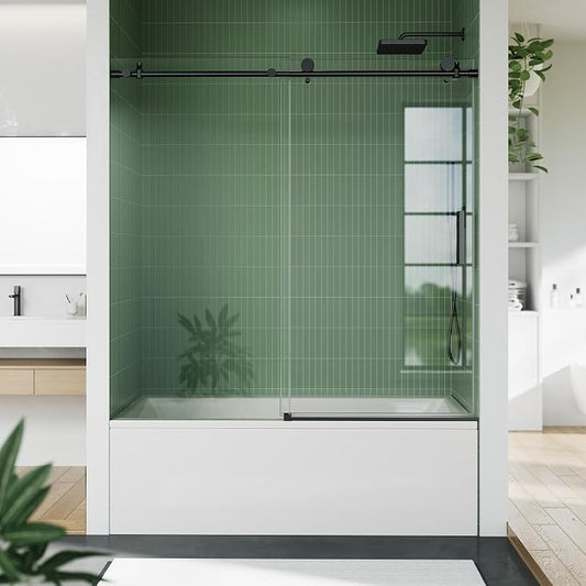Bathtub Shower Door, Matte Black Stainless Steel Top Rail, One Fixed One by IDEALHOUSE