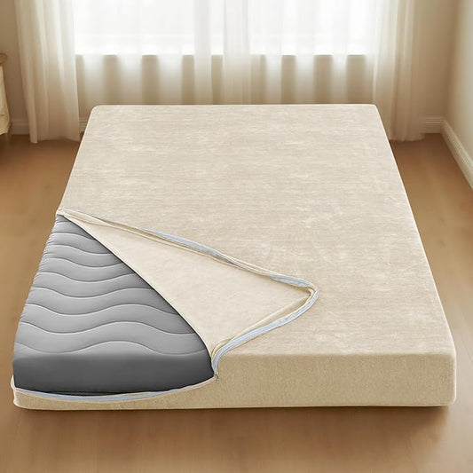 H.VERSAILTEX Full Size Armless Futon Mattress Covers for Traditional Japanese Futon Mattress Soft Chenille Couch Slipcovers Floor Mats Sofa Protector Zippered Sleeper Sofa Cover,Beige