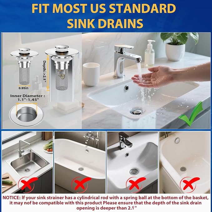 2PCS Bathroom Sink Stopper Strainer, Pop-Up Bathroom Sink Drain Strainer - Image 6