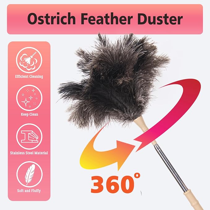Extendable Ostrich Feather Duster, Natural Ostrich Feathers Long Handle Duster - Image 4