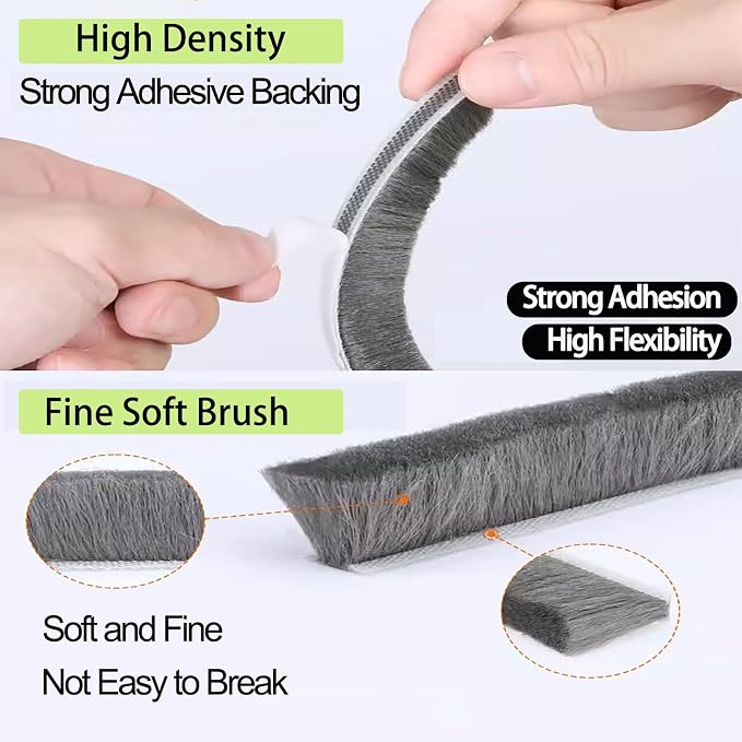 Strong Adhesive Brush Weather Stripping, 0.9in Thick x 0.4in x 33FT, Winter - Image 3
