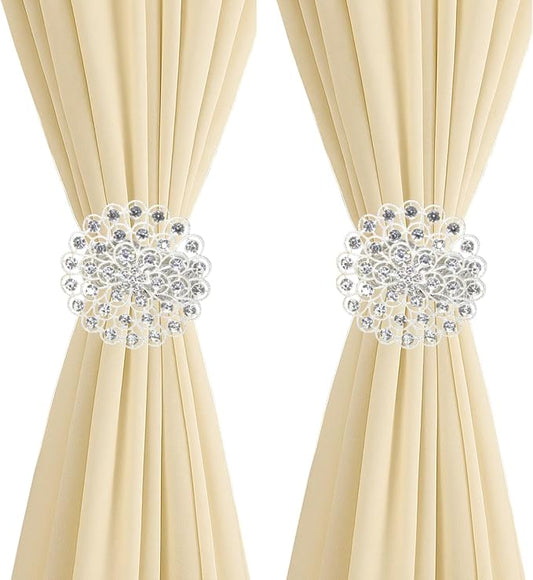 2 Pack Crystal Flower Curtain Tiebacks – Decorative Spring Wire Buckle Clips by Aimery