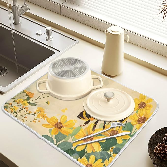 Honey Bee Dish Drying Mat for Kitchen Counter Absorbent Microfiber Large Drying - Image 5