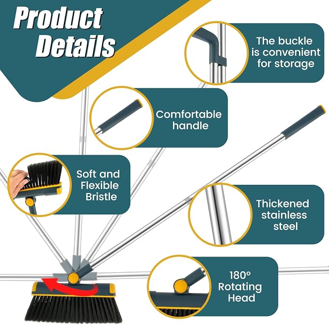 Broom and Dustpan Set for Home, 180° Rotating Broom Combo, Foldable Standing - Image 2
