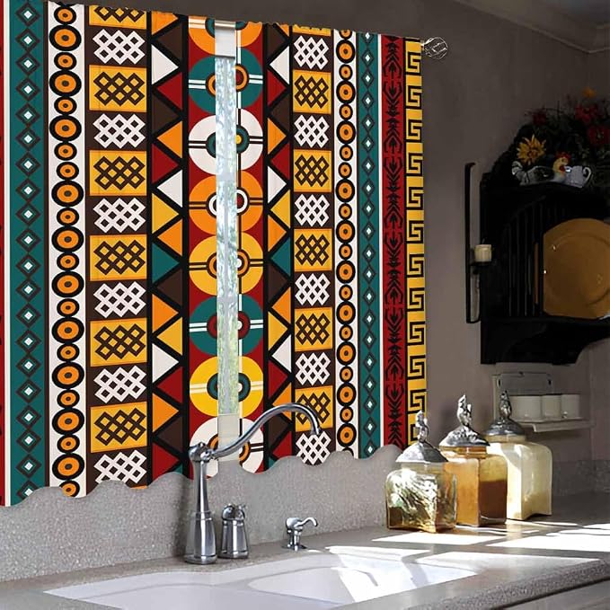 Kente Pattern Kitchen Curtains African Ancient Ethnic Tribal Geometrical Motifs - Image 4