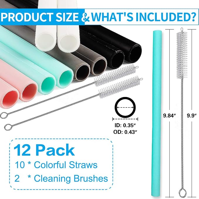 Silicone Straws Set of 10 Straight Smoothies Straws Large Silicon Reusable - Image 2